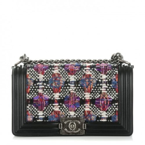 CHANEL  Tweed Lambskin Medium Boy Flap Black