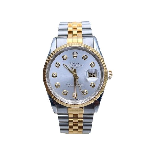 Rolex DateJust 36m Silver Diamond Dial 18k Yellow Gold