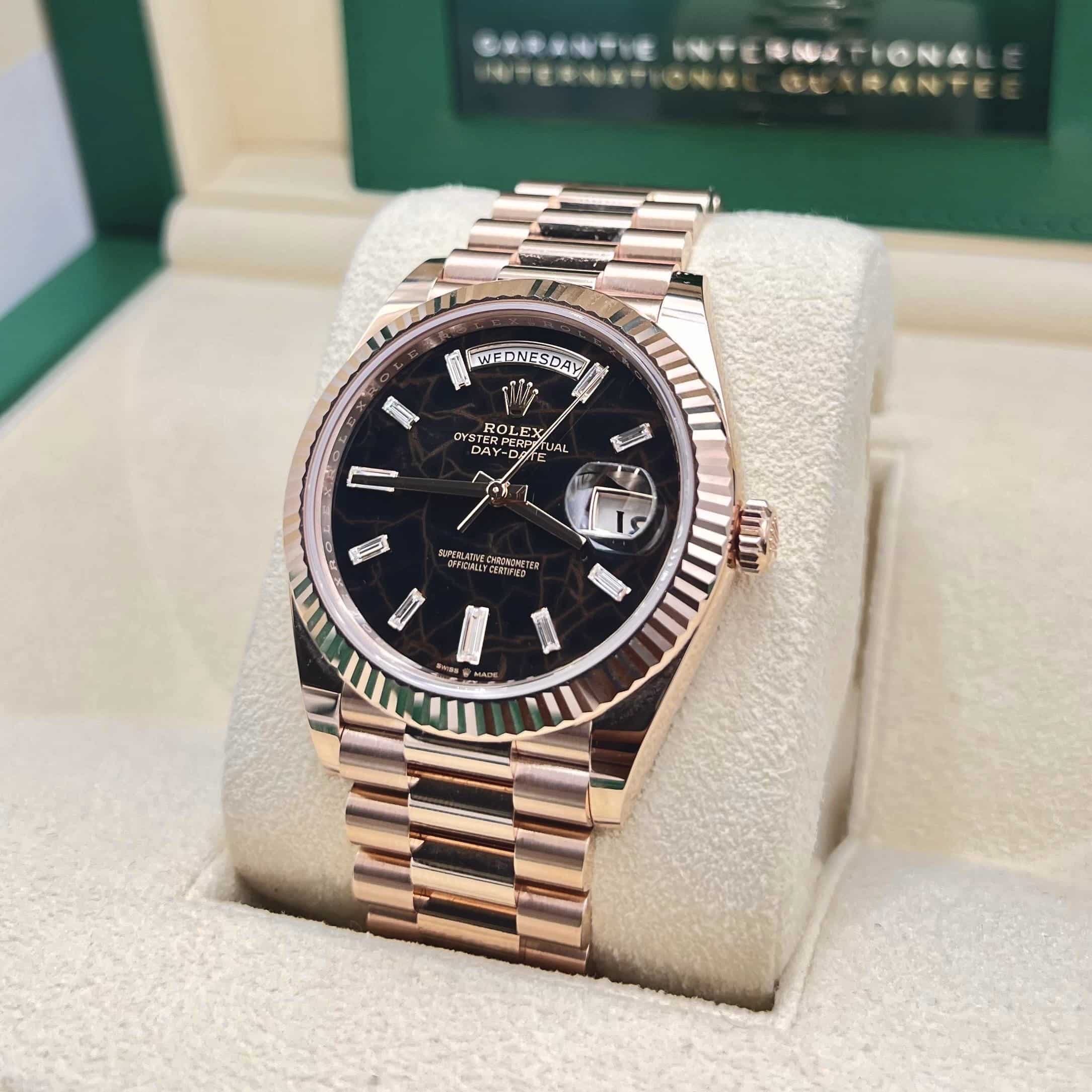 Rolex Day-Date 40mm 18k Everose Gold Eisenkiesel Baguette Diamonds Dial Ref: 228235