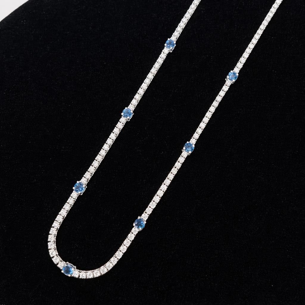18k White Gold Seven Round Blue Sapphire And Natural Diamond Tennis Choker