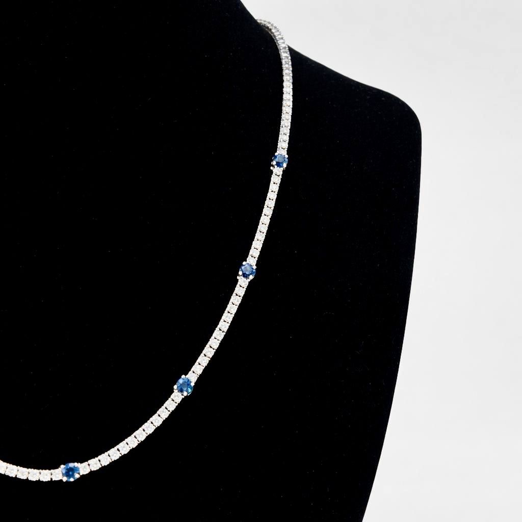 18k White Gold Seven Round Blue Sapphire And Natural Diamond Tennis Choker