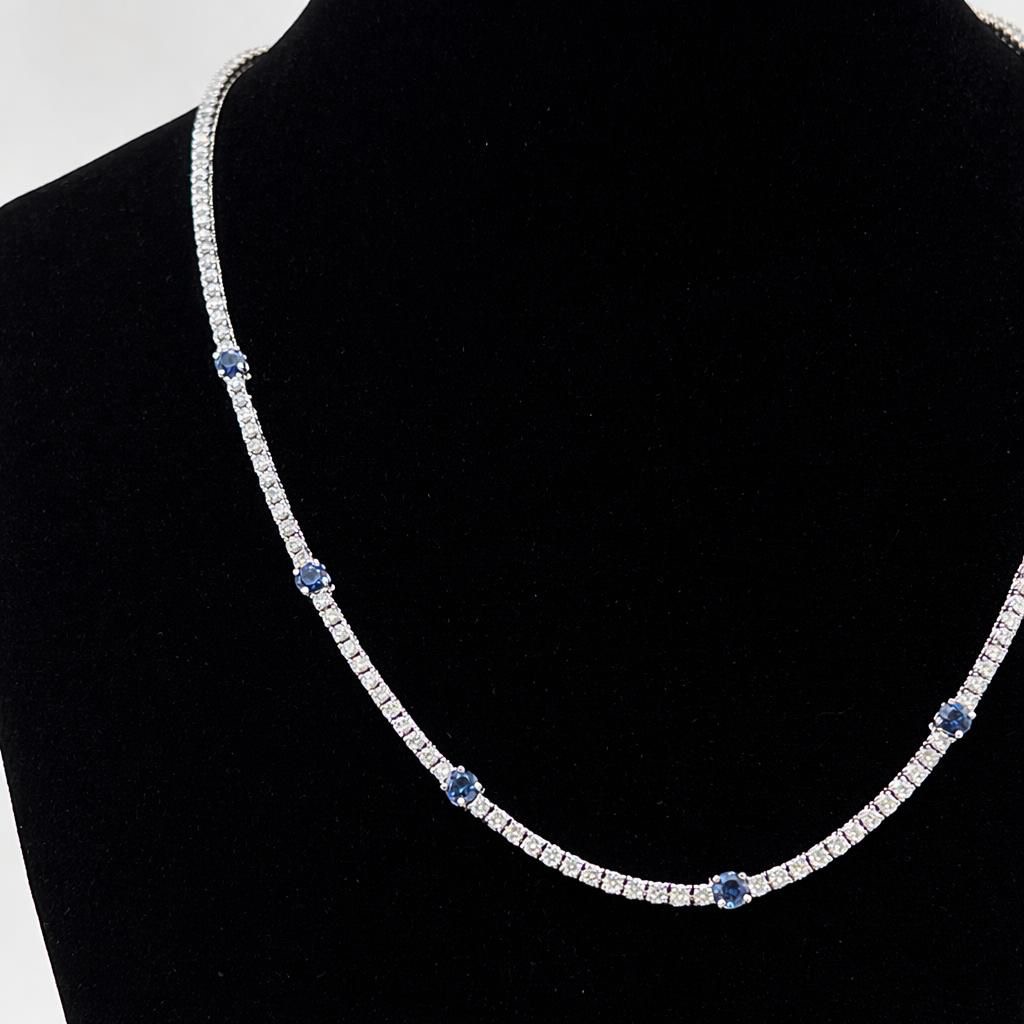 18k White Gold Seven Round Blue Sapphire And Natural Diamond Tennis Choker