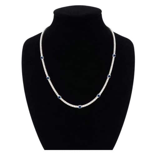 18k White Gold Seven Round Blue Sapphire And Natural Diamond Tennis Choker