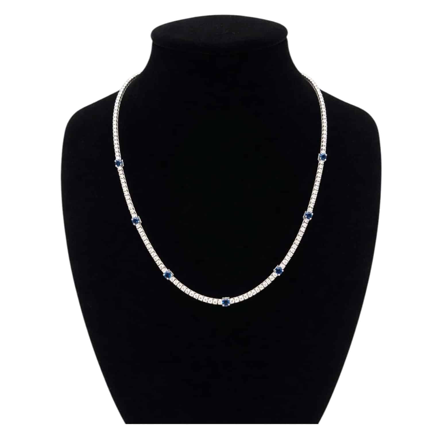 18k White Gold Seven Round Blue Sapphire And Natural Diamond Tennis Choker