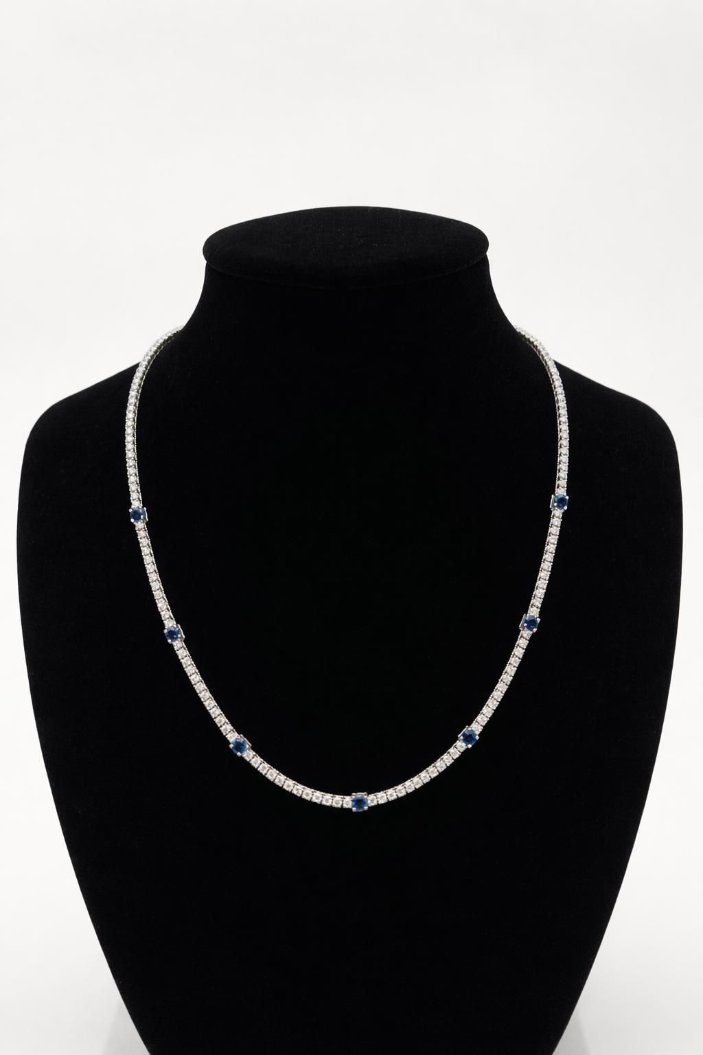 18k White Gold Seven Round Blue Sapphire And Natural Diamond Tennis Choker