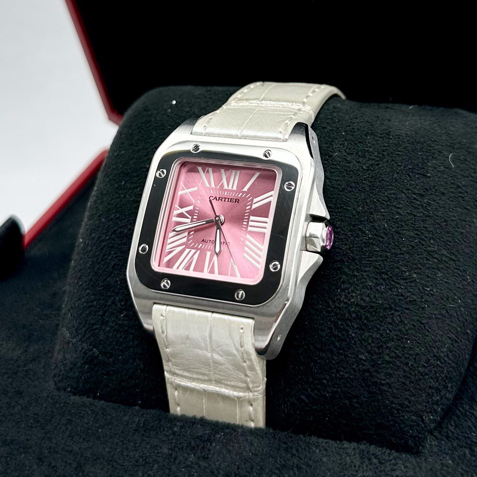 Cartier Santos 100 Pink Dial Steel Bezel Ref: W20133X8
