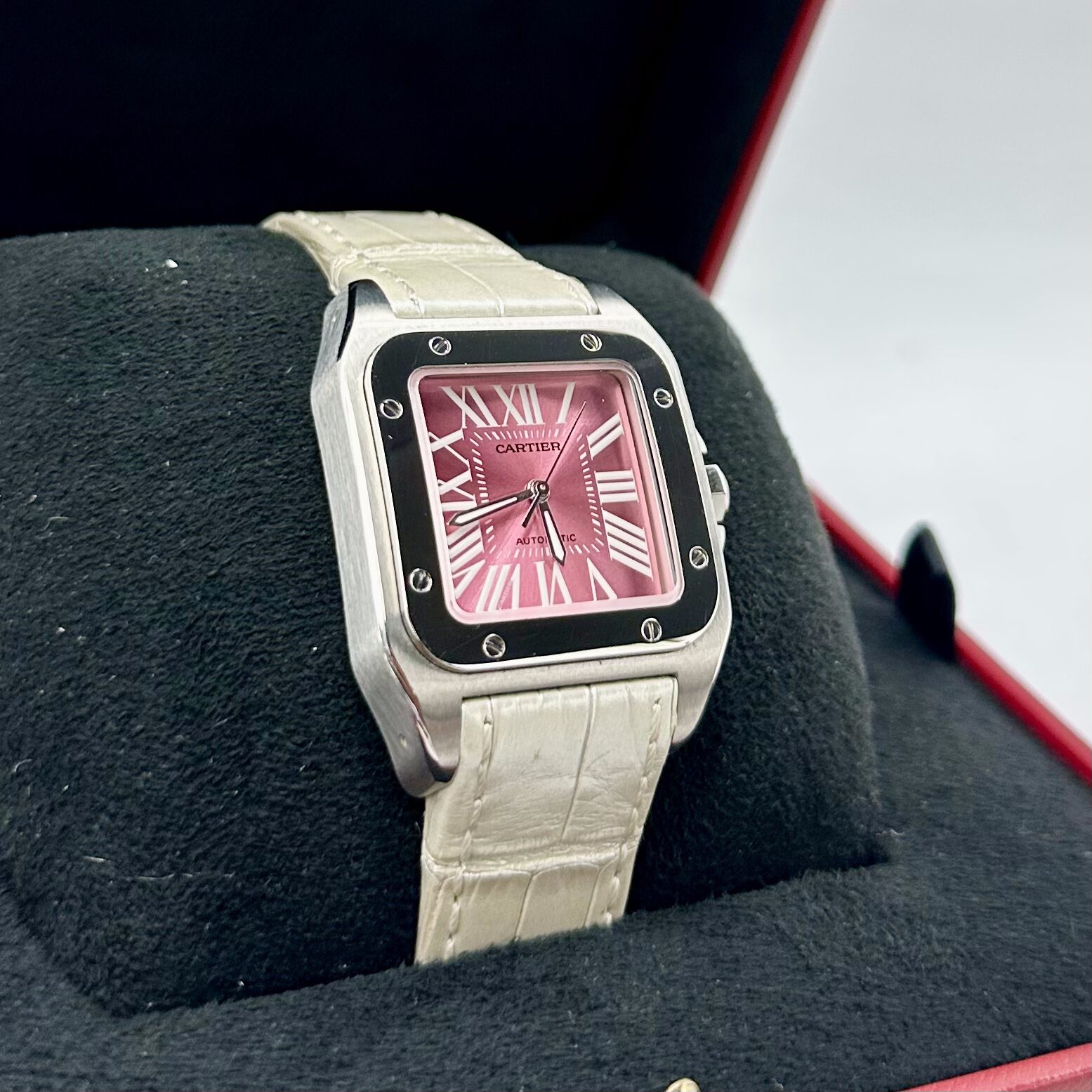 Cartier Santos 100 Pink Dial Steel Bezel Ref: W20133X8