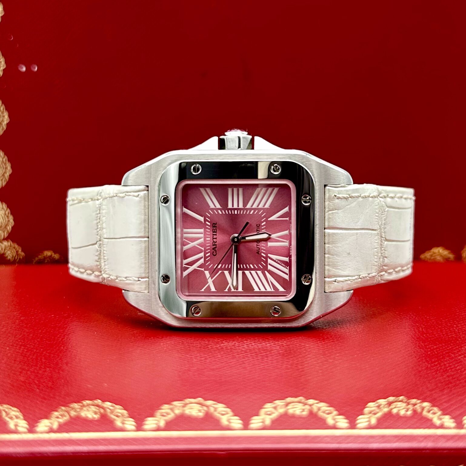 Cartier Santos 100 Pink Dial Steel Bezel Ref: W20133X8