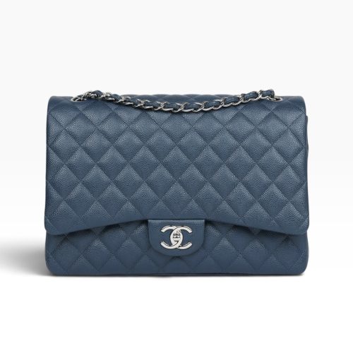 Chanel Maxi Classic Double Flap Bag Dark Blue Caviar Silver Hardware