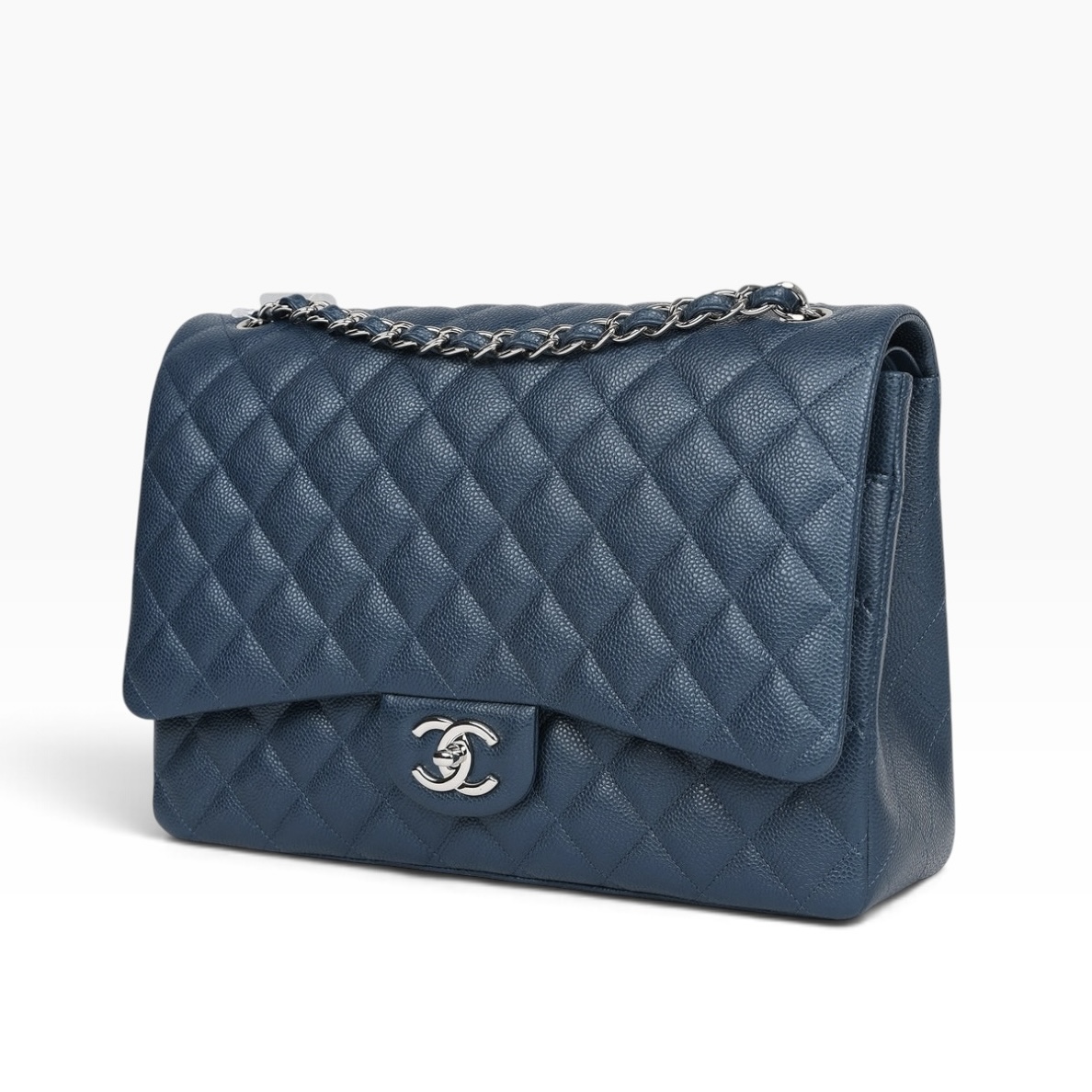 Chanel Maxi Classic Double Flap Bag Dark Blue Caviar Silver Hardware